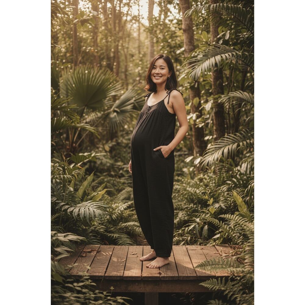 HATCH Plage Jumpsuit Black Petite One Size P Cotton Gauze Maternity Romper